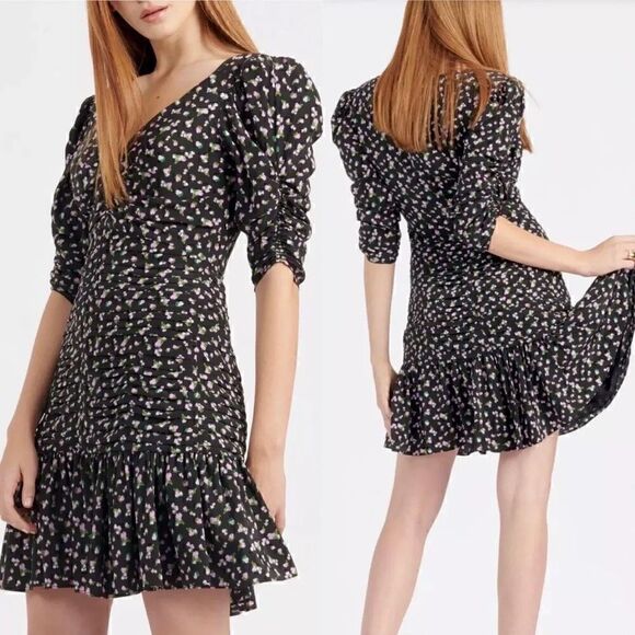 Tanya Taylor Pansy Floral Puff-Sleeve Flounce Mini Dress - Picture 1 of 12